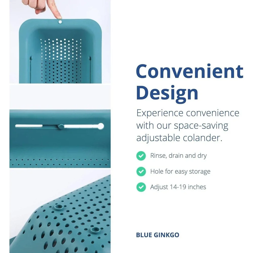 Blue Ginkgo Over the Sink Colander Strainer Basket Adjustable Teal‎ Blue Korea